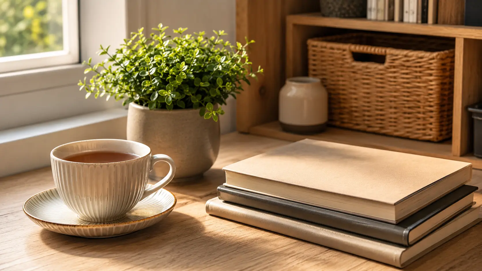 A calm, warm desk corner